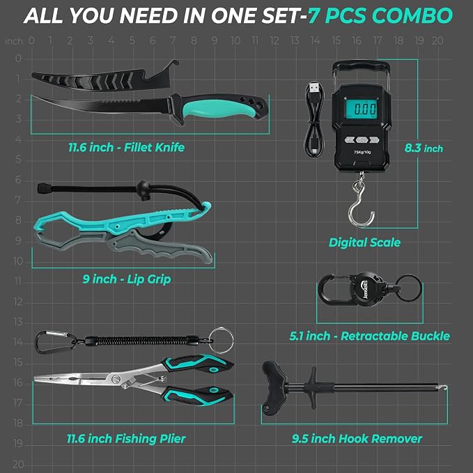 Jenseits Fishing Tool Kit, Fish Gripper, Fishing Pliers, Digital Fish Scale, Fillet Knife, Hook Remover & Fishing Accessories Set, Freshwater Saltwater Fishing Gear, Fishing Gifts for Men Angler