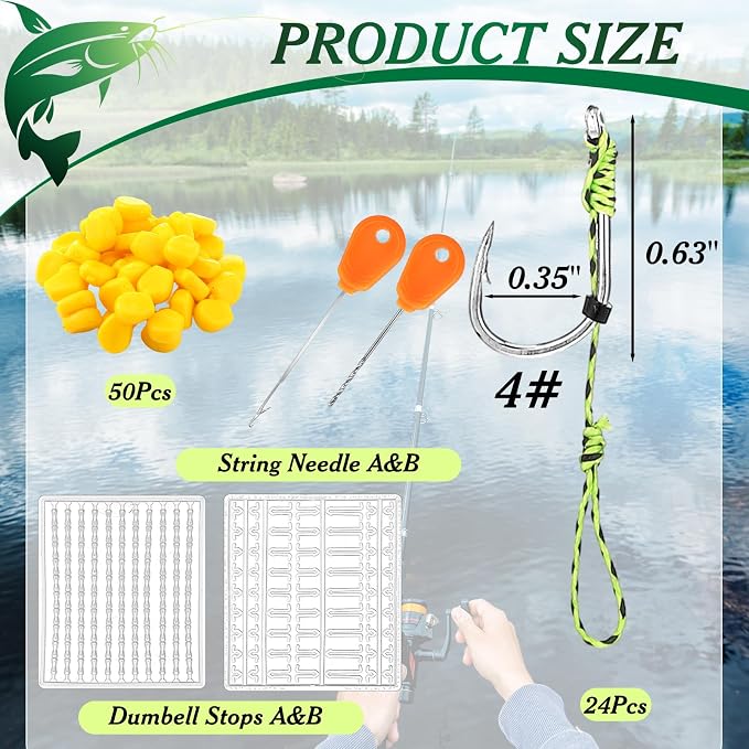 Seenelling 78 Pcs Carp Fishing Hair Rigs Bait Carp Rigs Kit Includes 24 High Carbon Steel Curved Barbed Hook 50 Fake Corn Lures 2 Line Bait Stopper 2 Needle Fishing Equipment Accessories