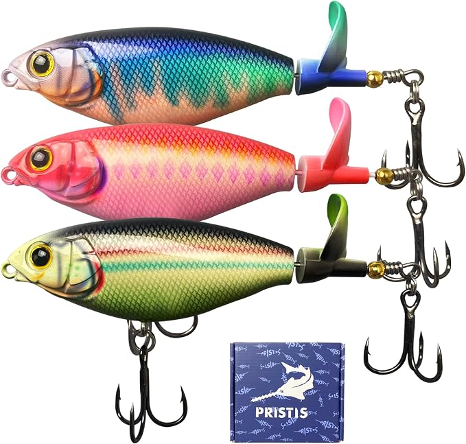 Pristis 3 pcs Topwater Fishing Plopper Lures, Floating Popper Bait Set with Chemically Sharpened Hooks for Saltwater Freshwater, Top Water Plopping Swimbait Teaser for Bass Tuna Perch Pike Crappie