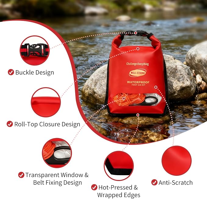 Waterproof First Aid Kit 280PCS for Boat Marine - IPX6 Roll Top Dry Bag Medical Kit for Kayaking Fishing Boating Emergency Supplies with Floatable Design Red