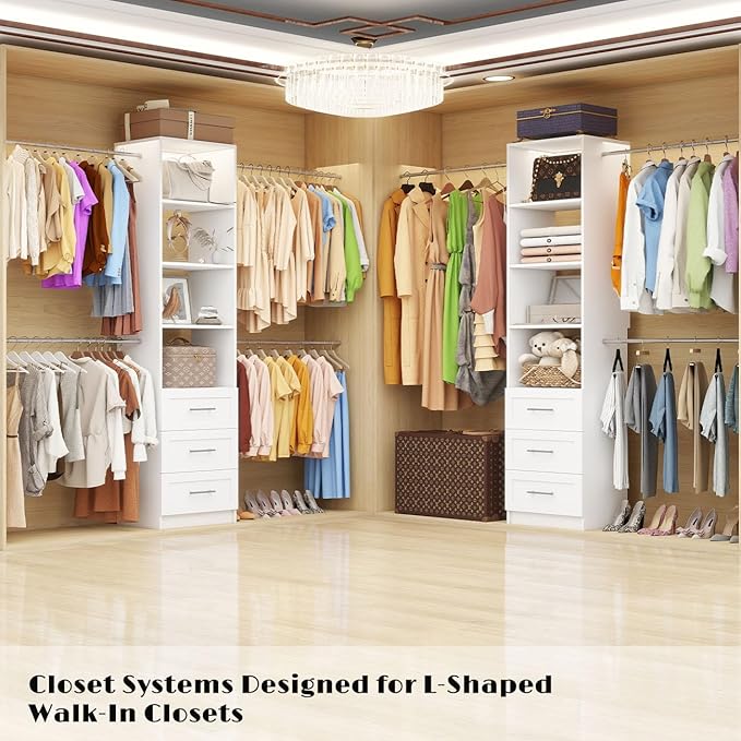 Closet System with 6 Drawers, 5.5FT-15FT Closet Organizer System Modular Wood Walk in Closet Storage System with 8 Shelves 8 Expandable Hanging Rods, Wall Mount White
