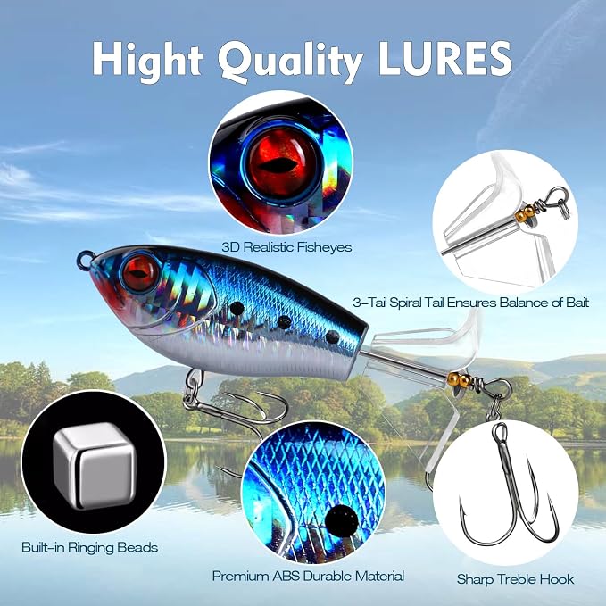 Fishing Lure Kit, Bass Fishing Lures with Lifelike 3D Eyes, Top Water Bass Fishing Lures for Freshwater and Saltwater, Ideal Bass Fishing Kit and Teaser Gift for Men
