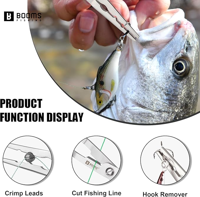 Booms Fishing Pliers Hook Remover: 8" Long Nose Fish Pliers Stainless Steel for Saltwater - Braid Line Cutters with Coiled Lanyard and Safety Lock Design, Multi-Function Fishing Tool For Men, H06