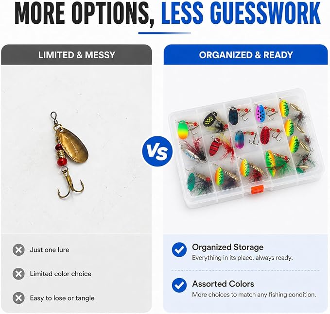 Fishing Spinner Lures Kit 10/15/16/20PCS, Inline Spinner Baits with Treble Hooks and Feather Tails, Metal Fishing Lures for Trout Bass Salmon Panfish, Multi-Color Freshwater Fishing Tackle Set