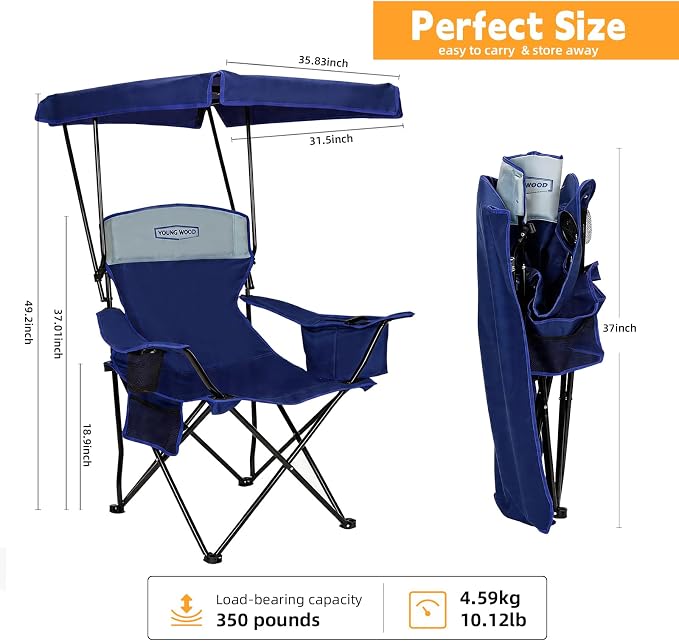 YOUNG WOOD Camping Chair with Canopy, Beach Chair with Shade Lightweight Oversized for All, Easy to Open and Close Without Installation, Side Pocket,Cooling Bag Design for All Activities,Deepblue