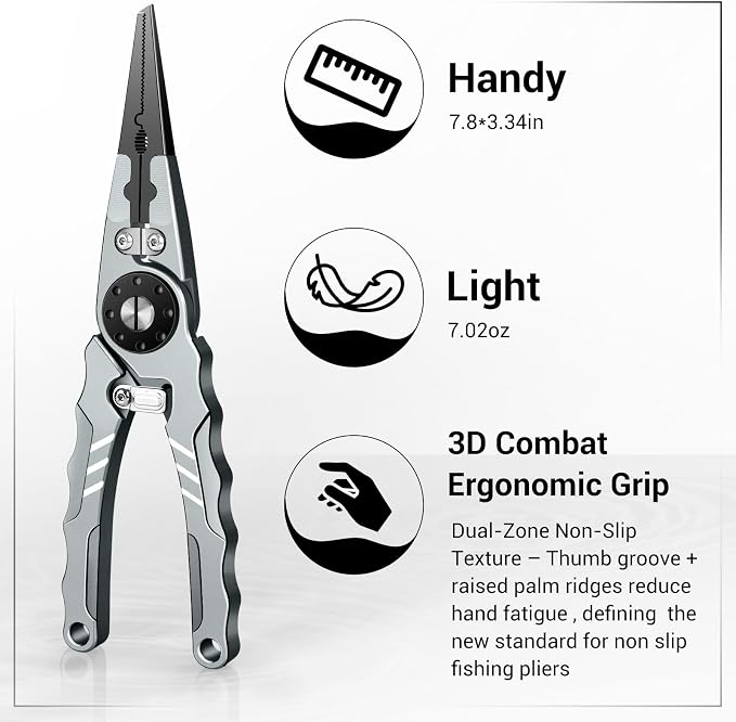 7.8" Lockable Saltwater Fishing Pliers, Aviation-grade Aluminum & Tungsten Cutters | Corrosion-Proof, with Replaceable Blades Set, Fishing Gear Gifts for Men, Adults, Kids