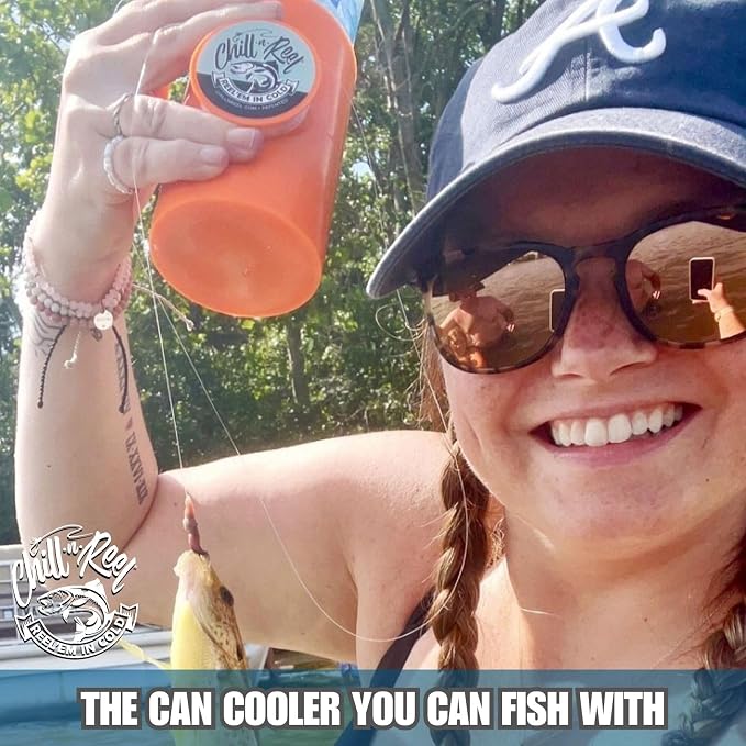 Made in USA | Fishing Can Cooler from Shark Tank | Hard Shell Drink Holder with Hand Line Reel | Fits Most Can Sleeves or Coozies | Unique Fishing Gift for Men | Retail Box Packaging | Orange