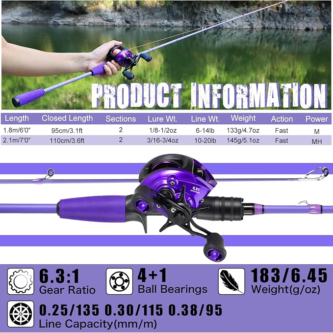 Sougayilang Baitcaster Combo –IM6 Graphite M/MH 2-Piece Rod, Stainless Steel Guides with Ceramic Rings,6.3:1 Gear Ratio High Speed Reel for Bass,Walleye, Catfish, Panfish Fishin