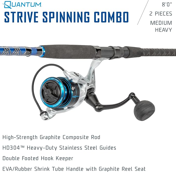 Quantum Strive Spinning Reel and Fishing Rod Combo, Graphite Composite Blank, 4+1 Bearings, Silver/Blue