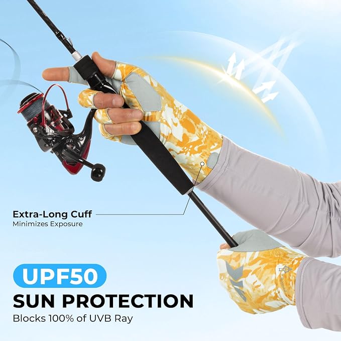 KastKing Agies Fishing Gloves Men, UPF 50+ Sun Gloves UV Protection, Cooling Quick-Dry 3/4 Fingerless Gloves with Extended Cuff, Microfiber Palm & Pull Tabs, for Fishing, Kayaking, Hiking, Hunting