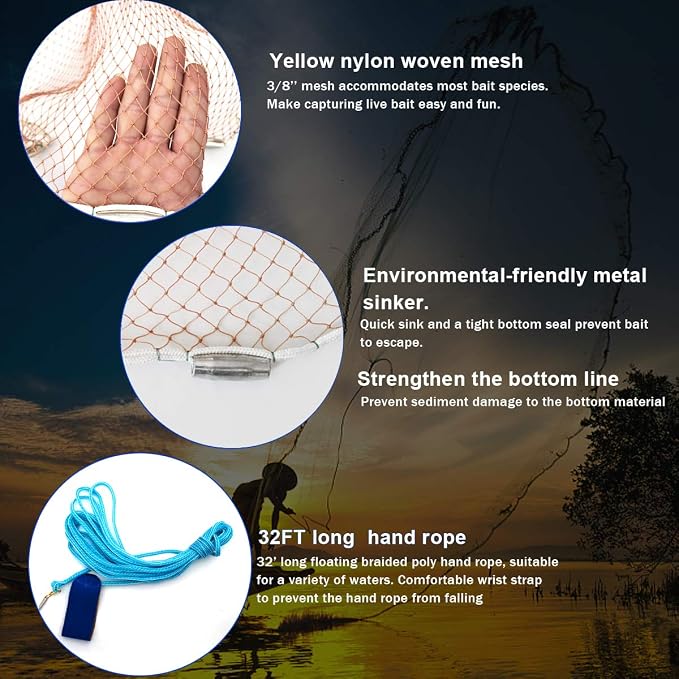Drasry Saltwater American Fishing Cast Net 3/8inch Mesh Size for Bait Shrimp Trap Fish Heavy Duty Sinkers Throw Net 3FT/4FT/5FT/6FT/7FT/8FT/9FT/10FT Radius