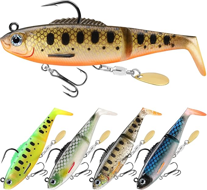 TRUSCEND Shadtale Easy Catch Soft Fishing Lures with BKK Hooks - Trembly Sinking and Vibrating Swim for More Bites, Pre-Rigged Swimbaits for Bass, Trout, Crappie, Walleye, Freshwater Saltwater Fishing