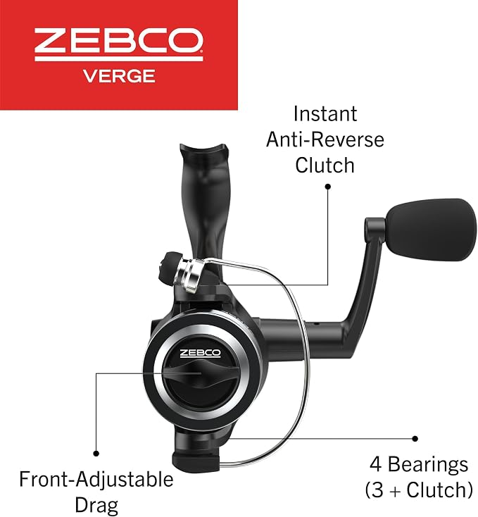 Zebco Verge Spinning Fishing Reel, Right or Left-Hand Retrieve, Pre-Spooled with Zebco Fishing Line, All-Metal Gears, TRU Balance Rotor, Black