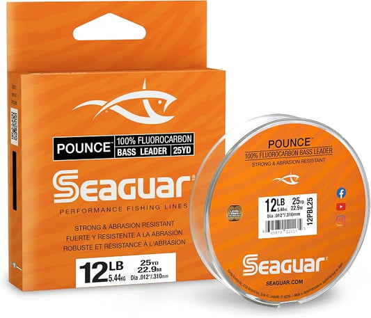 Seaguar Pounce Bass Fishing Leader Line, Freshwater, 100% Fluorocarbon, 25yd Spool, Clear, Multiple Sizes
