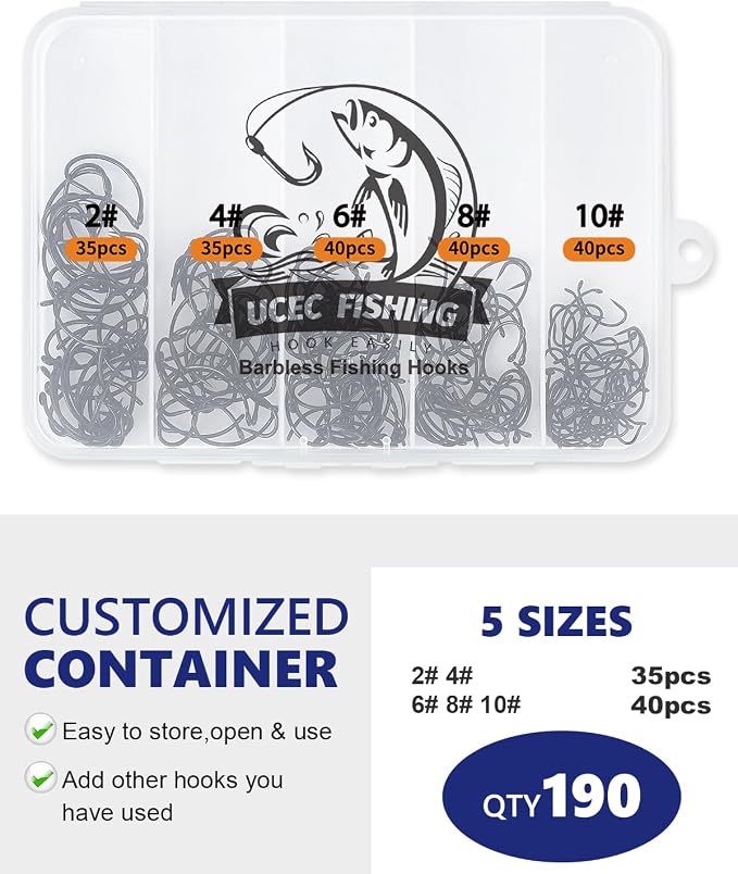 UCEC 190/220/260PCS Barbless Fishing Hooks, Carp Hooks Circle Curve Shank Fly Tying Fishing Hook Tackle Kit for Freshwater Saltwater Hair Rig Trout Size: 2# 4# 6# 8# 10#
