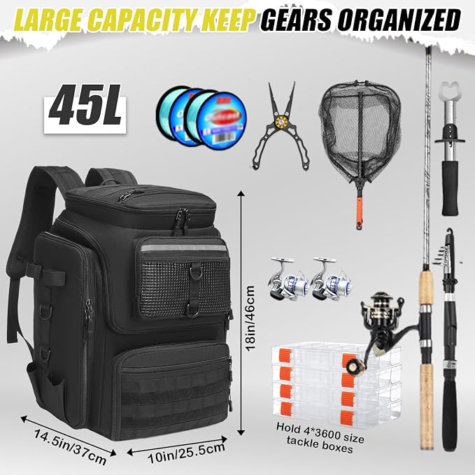 HAMBOLY Fishing Backpack 45L with Rod Holders, Water-Resistant Tackle Backpack for Fishermen, Large Capacity Fishing Gear Bag for Travel Hiking Camping