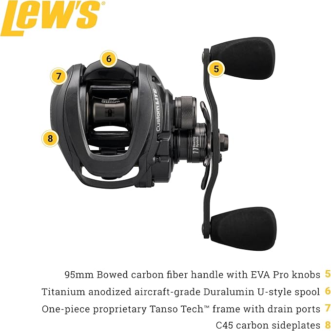 Lew's Custom Lite SS Baitcast Fishing Reel, 10+1 Double Shielded Bearings, Super Shallow 30 mm Spool, Tanso Tech Frame, Carbon Fiber Drag, Carbon Gray