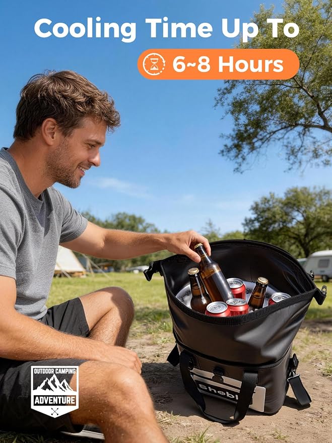 Soft Cooler Bag, 35 Cans Insulated Leakproof Portable Cooler Bag with Roll-Top, Shoulder Strap Metal D-Ring, Waterproof Ice Chest for Camping, BBQ, Picnic, Fishing, Travel