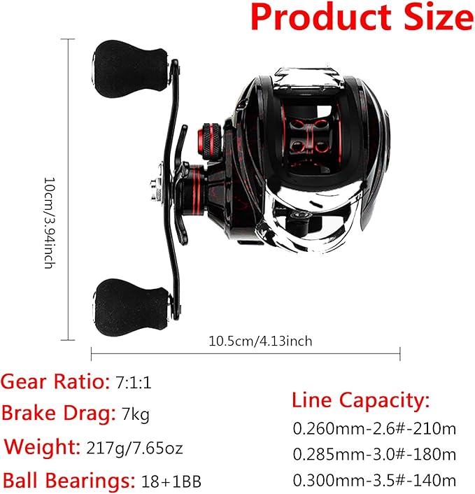 Baitcasting Reels, 7.1:1 Gear Ratio Ultra Smooth Aluminum Spinning Fishing Reel with 10 Magnetic Braking System, 22LB Carbon Fiber Drag, 18+1 Ball Bearings Anti-Corrosion Baitcaster Reel