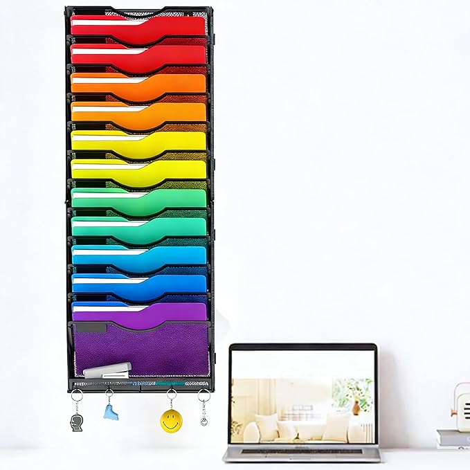 13-Tier Large Capacity Hanging Wall File Organizer with 5 Hooks, Vertical Wall Mount File Holder, Mail Organizer Office Magazine Rack for Office Home School