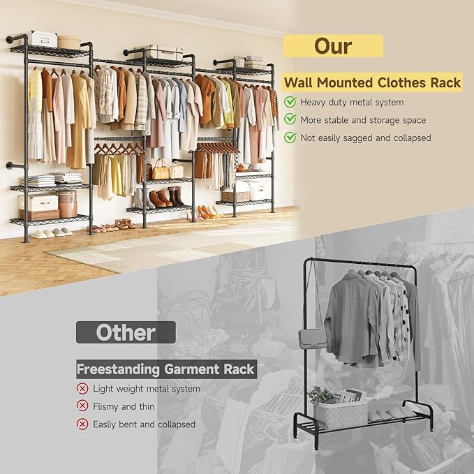 H5 Wall Mounted Closet System, Industrial Pipe Clothes Racks Clothing Rack with 4 Telescopic Rods & 3 Fixing Rods & 9 Shelves, Heavy Duty Closet Organizers and Storage in Wardrobe Closet (Black)