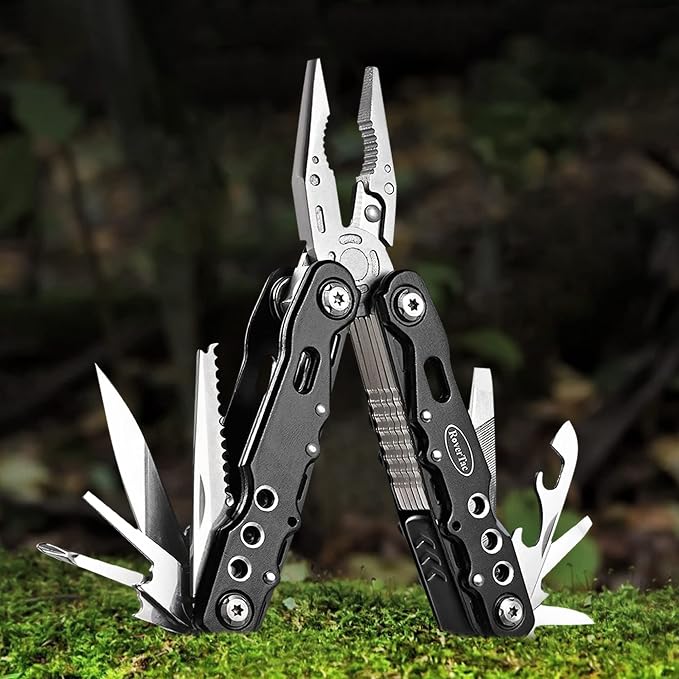 RoverTac Multitool Pliers Pocket Knife, 14 in 1 Multi Tool Knife Pliers Saw Bottle Opener Safety Lock Nylon Sheath, Camping Hiking Gear Multitool for Camping Survival Hiking DIY, Gifts for Men Dad