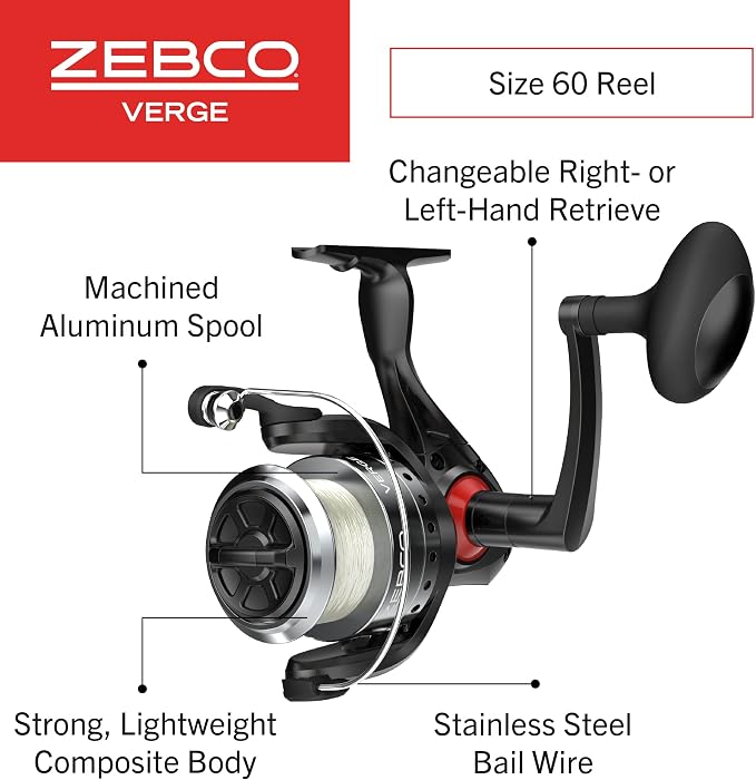 Zebco Verge Spinning Fishing Reel, Right or Left-Hand Retrieve, Pre-Spooled with Zebco Fishing Line, All-Metal Gears, TRU Balance Rotor, Black