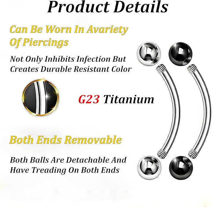 16G Titanium Curved Barbell Eyebrow Rings with Grabber Tool to Prevent Bead Loss, Smooth Transfer Guide Pin for Comfortable Daily Wear, Unisex Lip Daith Rook Jewelry, 6mm 8mm 10mm, 24 Replacement Ends