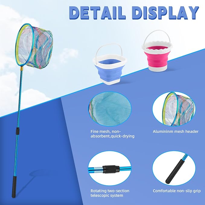 2PCS Telescoping Kids Fishing Net with Handle and Collapsible Bucket Kits-with Lightweight Aluminum Pole,Suitable for Catching and Releasing Fish,Minnow,Crabs,Butterfly,Frogs or Small Animals Outdoor