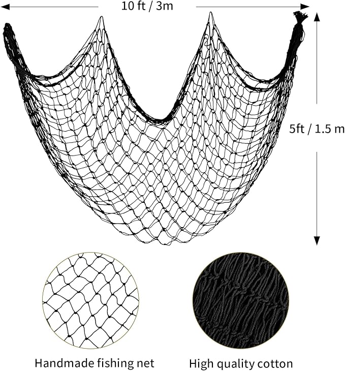Decorative Fishing Net 5x10 ft, 3 Pack Large Black Picture Netting, Wall Photo Display Fishnet for Nautical Gothic Pirate Beach Under The Sea Theme Party Decorations,3mm Cotton Table Runner Wall Decor