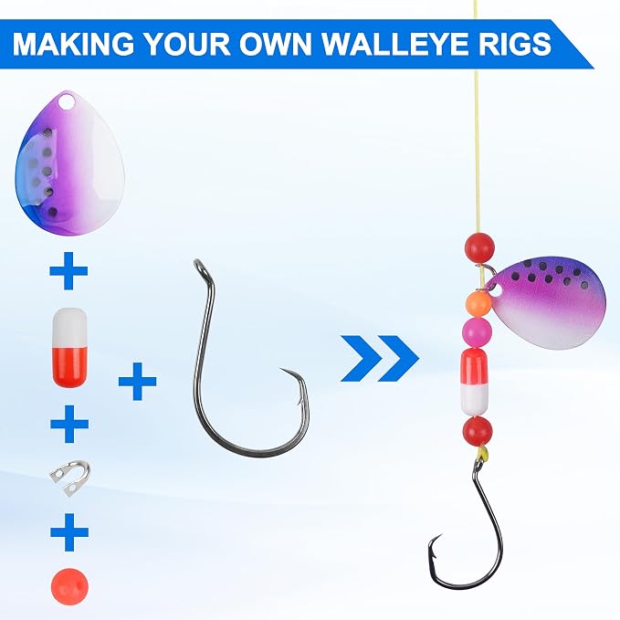 Walleye Rig Making Kit DIY Fishing Lure Spinner Making Kit Supplies Parts Crawler Harness Live Bait Rigs Colorado Blades Pompano Floats Clevis Beads Tackle Fishing