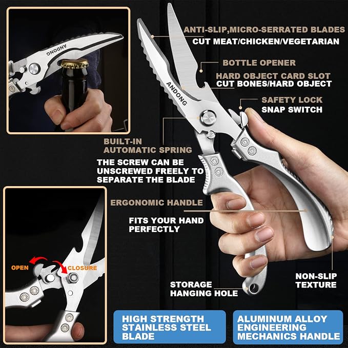 ANDONG Heavy Duty Professional Poultry Shears -Stainless Steel Kitchen & Meat Scissors with Leather Sheath, Dishwasher Safe Spring Loaded Utility Shears for Cooking, Butchering, Cutting
