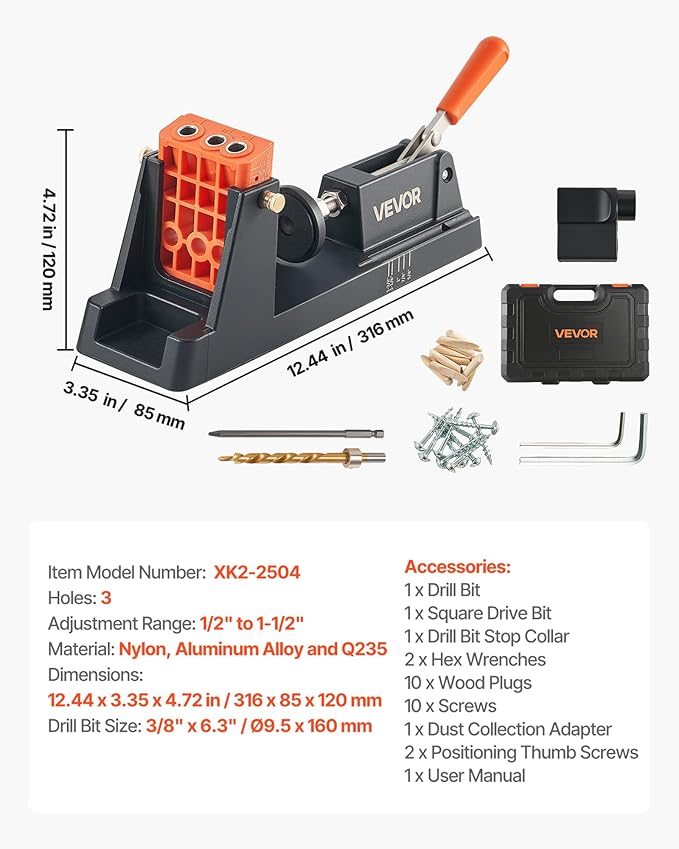 VEVOR Pocket Hole Jig Kit, 1/2" to 1-1/2" Adjustable, Lightweight Jig Pocket Hole System with Dust Collection Adapter, Detachable Guide Block, Drill Bit, Stop Collar, Easy Adjusting, for Woodworking