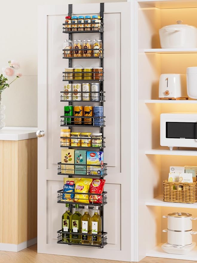 Delamu 9-Tier Over the Door Pantry Organizer, Adjustable Pantry Door Organizers and Storage, Metal Hanging Basket Wall Spice Rack Seasoning Organizer, Door Organizer Kitchen Bedroom Bathroom,12"Black