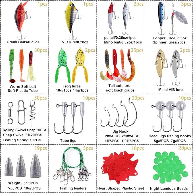 PLUSINNO Fishing Lures Fishing Tackle Box Fishing Gifts for Men, Bass, Trout Fishing Accessories Kit for Saltwater & Freshwater Fishing Gear Including Topwater Lures, Hooks, Spinnerbaits