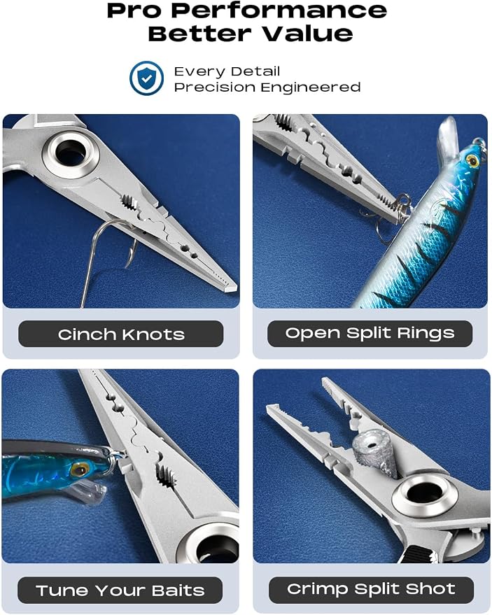 HOOK-EZE Anti-Twist Fishing Pliers with Multi-Function Design, 7.1" Saltwater 17-4 Stainless Steel Fishing Gear with G10 Handles, Split Ring Pliers, Fish Hook Remover Tool
