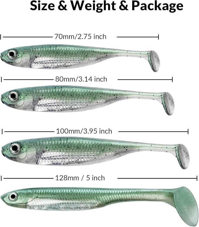 QualyQualy Soft Plastic Swimbait Paddle Tail Shad Lure Soft Bass Shad Bait Minnow Paddle Tail Swim Bait for Bass Trout Walleye Crappie - 2.75in, 3.14in, 3.94in, 5in