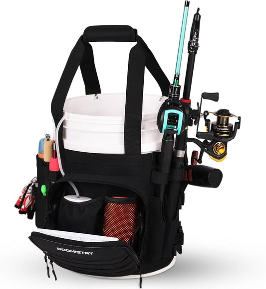 Boomistry Fishing Bucket Organizer for 5 Gallon Bucket Accessories, Fishing Tackle Bag with Adjustable Buckle, Fishing Rod Bag with 15 Multi-Pockets for Fishing Gear and Equipment (Black)