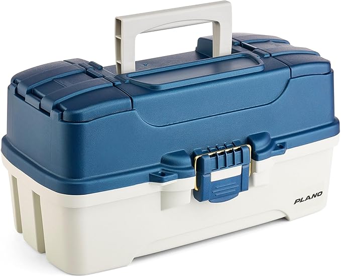 Plano Three-Tray Tackle Box, Blue/White, Rust-Proof Brass Latch, Top-Access Tray with Deep Storage, Made in the USA, Portable Fishing Gear Storage Organizer