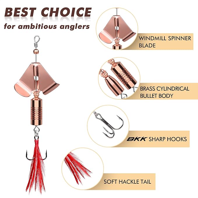 TRUSCEND Swim or Jig Fishing Spinner Baits for Freshwater and Saltwater, Rooster Tail Fishing Lures for Trout Bass Walleye Crappie Salmon Pike, Blade Bait with Copper Blade