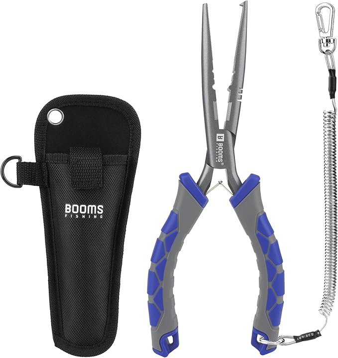 Booms Fishing Needle Nose Pliers: 9" Long Nose Hook Remover and Split Ring Fish Pliers with Lanyard and Sheath - XW10 Multi-Function Saltwater Fishing Gear, Blue & Gray