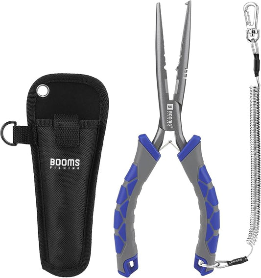 Booms Fishing Needle Nose Pliers: 9" Long Nose Hook Remover and Split Ring Fish Pliers with Lanyard and Sheath - XW10 Multi-Function Saltwater Fishing Gear, Blue & Gray