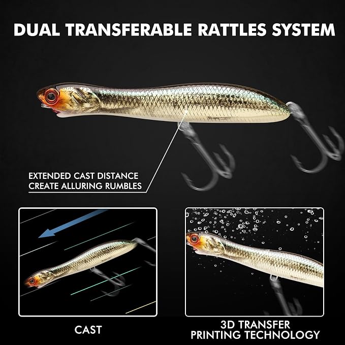 TRUSCEND Popobait Easy Catch Fishing Lures with BKK Hooks, Instant Startup, Longer Cast, Balanced Spray/Sound/Swim, Plopper Topwater Lures for Bass, Trout, Pike, Walleye, Freshwater Saltwater Fishing