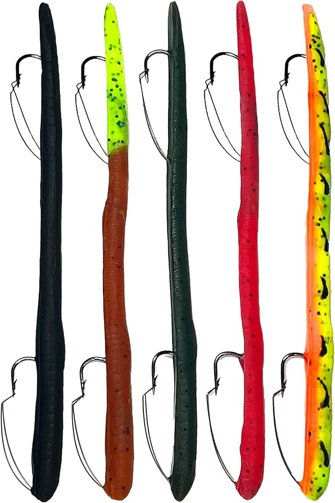 DeLong Lures 6" KILR Worm – Made in USA Weedless Pre-Rigged Soft Plastic Swimbaits, Extra Durable Bass Fishing Lures for Pike and More, 5-Pack Variety