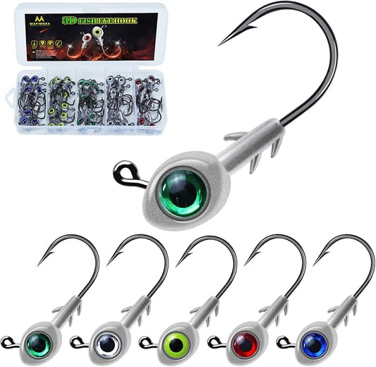 3D Fish Eye Jig Heads, 5 Colors with Lifelike Eyes, Multi Weights, Barbed Fishing Hooks for Walleye Bass Crappie