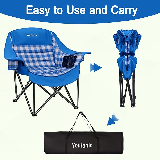 Youtanic Oversized Extra Large Padded Camping Chair, Heavy Duty 400 lbs Foldable Lawn Chair, Ergonomic Outdoor Seat with Plaid Design, Cup Holders & Storage Pockets for Fishing, Sports, Blue