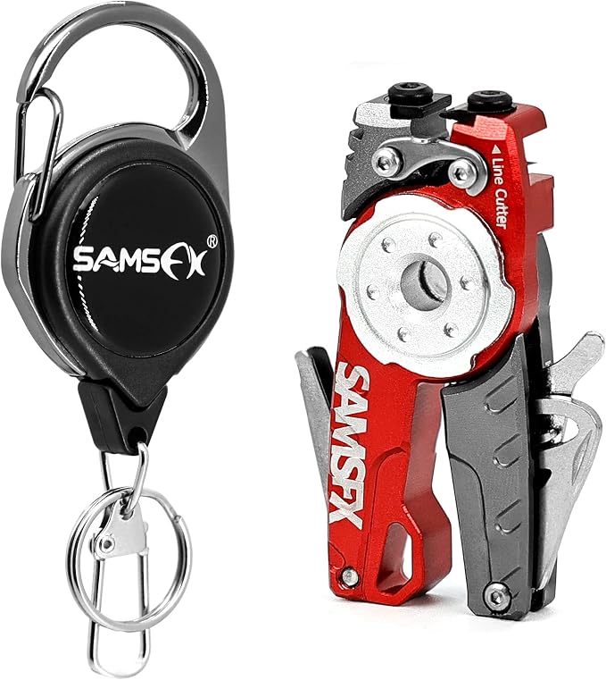 SAMSFX Fishing Tungsten Line Cutter with Zinger Retractors, Fishing Pliers Cutters, Knot Tying Tool, Hook Eye Cleaner, Hook Sharpener