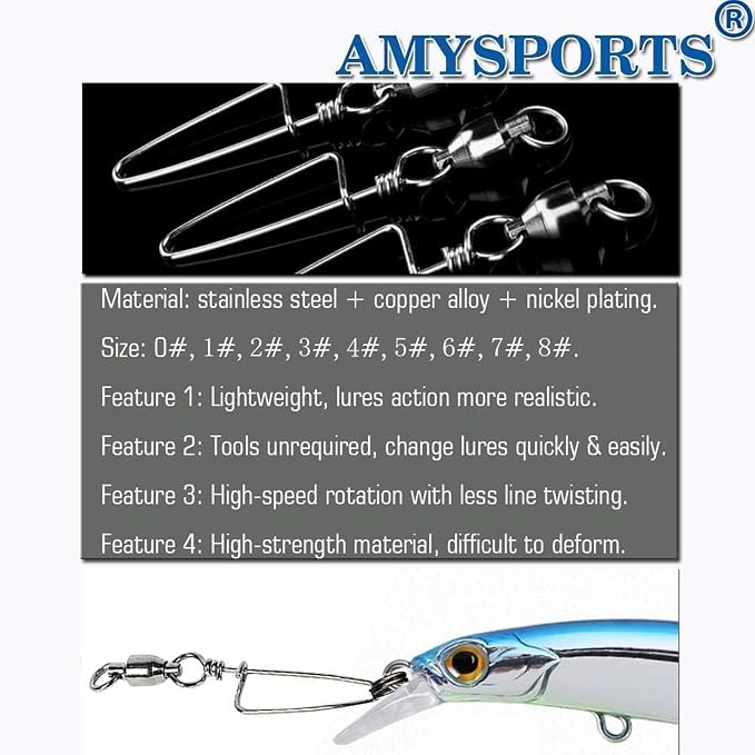 AMYSPORTS High Strength Fishing Snap Swivels - Stainless Steel Ball Bearing Swivels - Saltwater & Freshwater Fishing