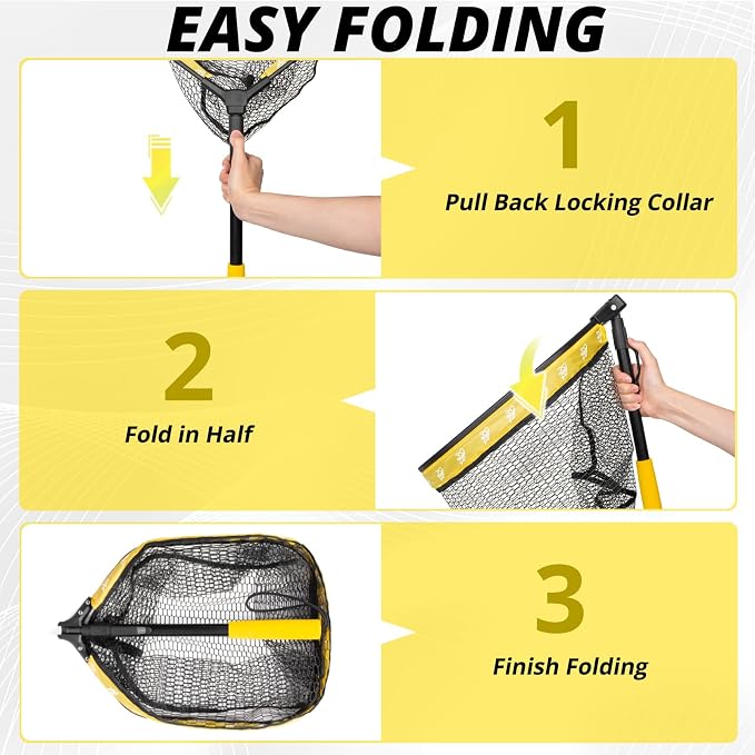 Floating Fishing Net, Collapsible Landing Net, Fish Net with Rubber Coated Polyethylene Netting for Bass, Trout, Fly Fishing, Kayak & Boat Fishing