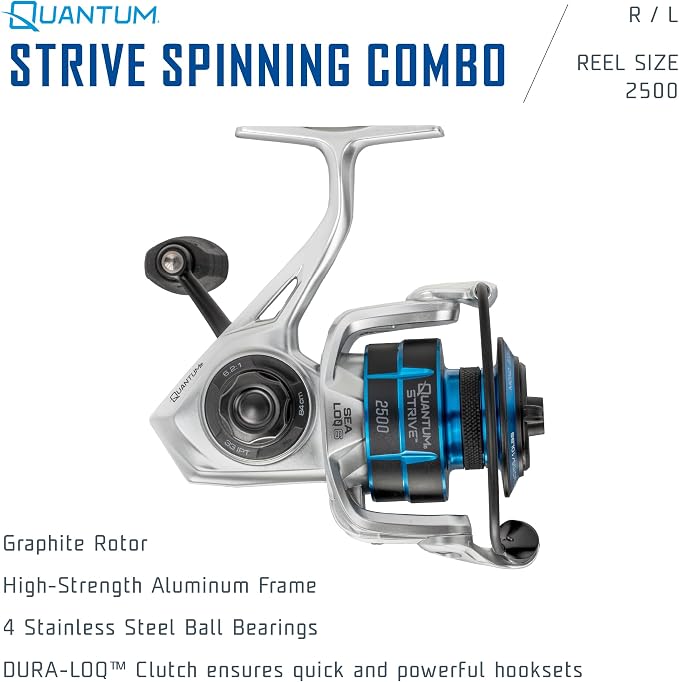 Quantum Strive Spinning Reel and Fishing Rod Combo, Graphite Composite Blank, 4+1 Bearings, Silver/Blue
